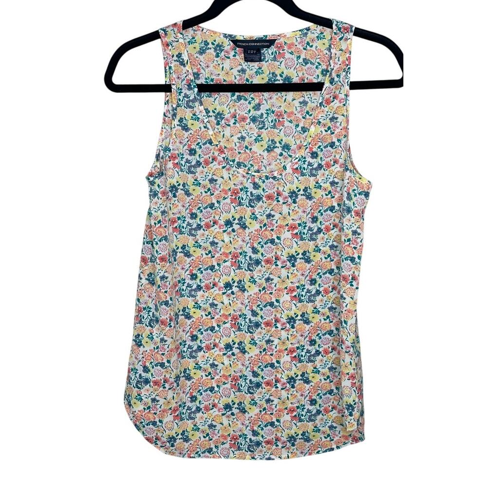 French Connection Floral Blouse 2 Green Pink Orange White Sleeveless Scoop Neck